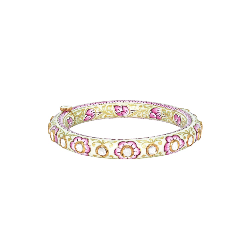 Pink Floral Enamel Bangle with Uncut Diamond Polki